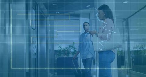 Professionals checking smartphone pulling suitcase holding tote in office lobby with HUD overlay