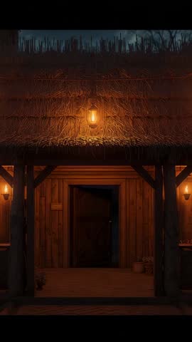Vertical video showing rustic cottage door swinging open then closing under amber lantern glow