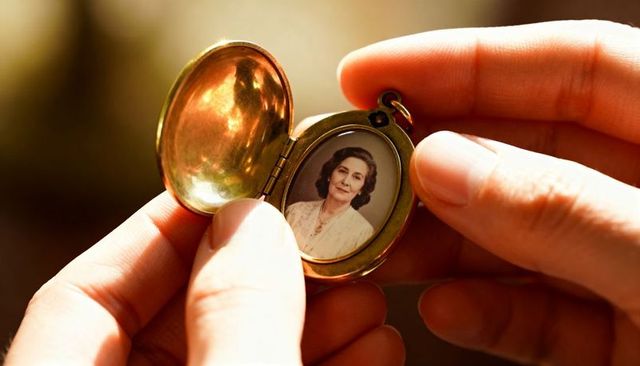 Holding antique brass locket with vintage portrait, hands showing sentimental heirloom