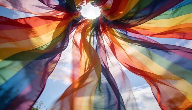 Radiating rainbow canopy flowing in wind, catching sunlight through central knot
