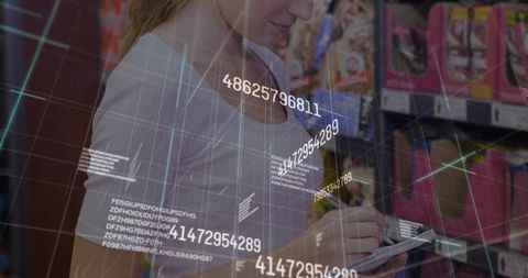 Mid-adult woman writing inventory on notebook at retail shelves with AR barcode overlay