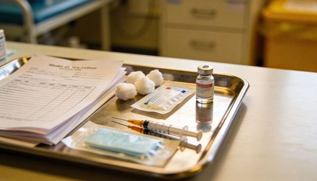 Preparing vaccination tray with syringes, vaccine vial, cotton swabs and forms in clinic