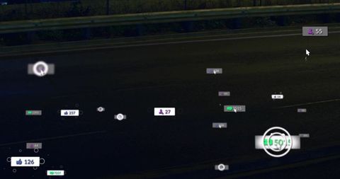 Floating social media badges hovering over dark highway at night showing analytics widgets