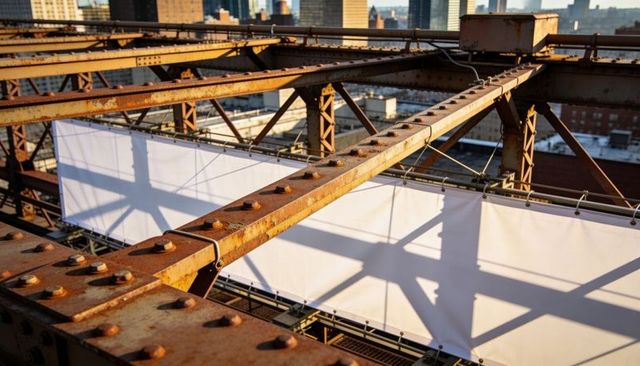 Rusted steel beams casting geometric shadows over white panels on urban rooftop