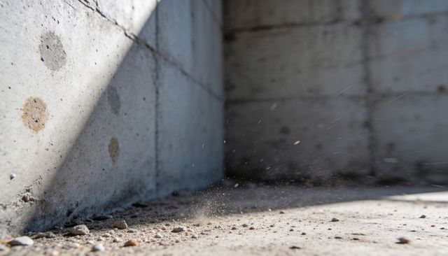Sunlight casting shadow on poured concrete corner with dust and pebbles, rust stains