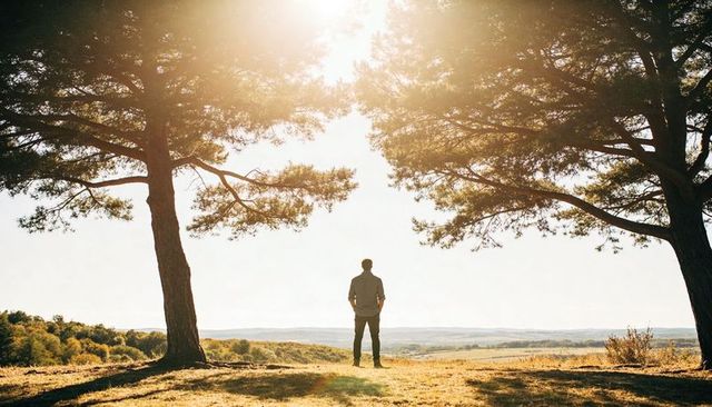 Solitary hiker overlooking sunlit valley framed by pine trees at golden hour panorama