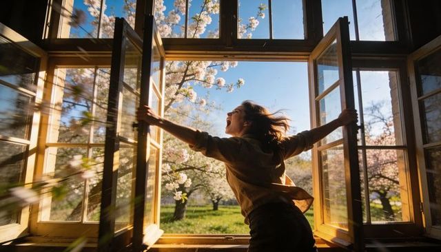 Joyful woman throwing open rustic windows to blossom orchard in warm spring light