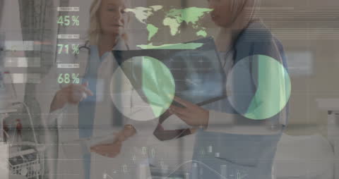 Female Doctors Analyzing Medical Data on Holographic Interface