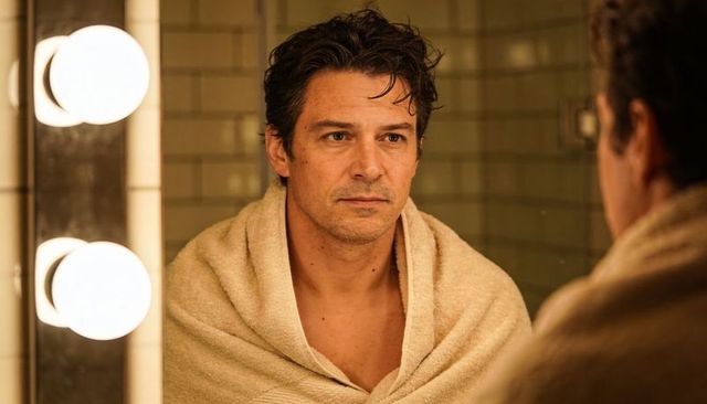 Adult man wrapped in beige towel gazing into mirror with warm vanity bulbs, tiled bath