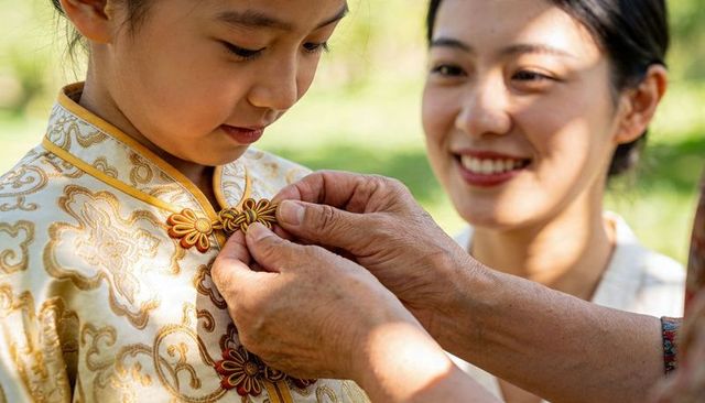 Elder hands fastening ornate gold silk collar on child while smiling woman watches