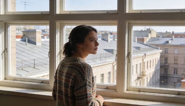 Contemplative woman gazing through paned sash window over historic rooftop cityscape