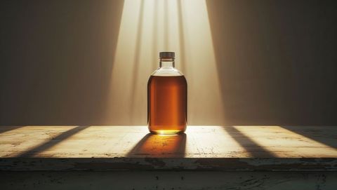 Rustic antique bottle of corn syrup casting ethereal shadows on old wooden surface