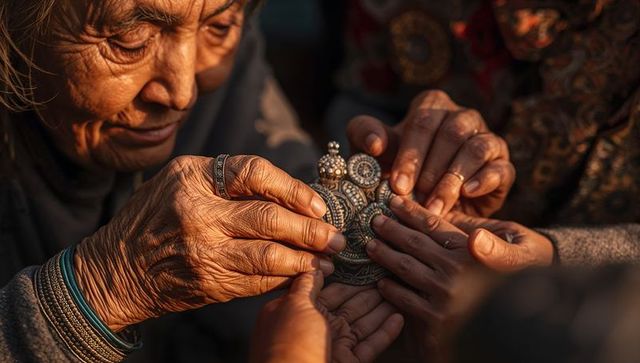 Elderly asian woman examining filigree pendant as family hands pass treasured heirloom