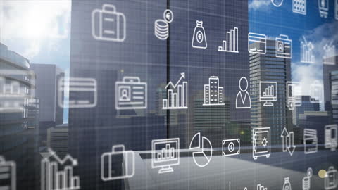 Digital Icons Overlay in Modern Urban Landscape