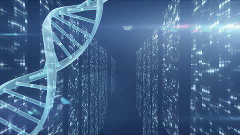 Digital DNA Strand Amidst Futuristic Cityscape
