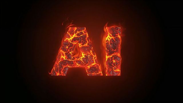 Glowing molten ai typography erupting with cracked lava veins and embers