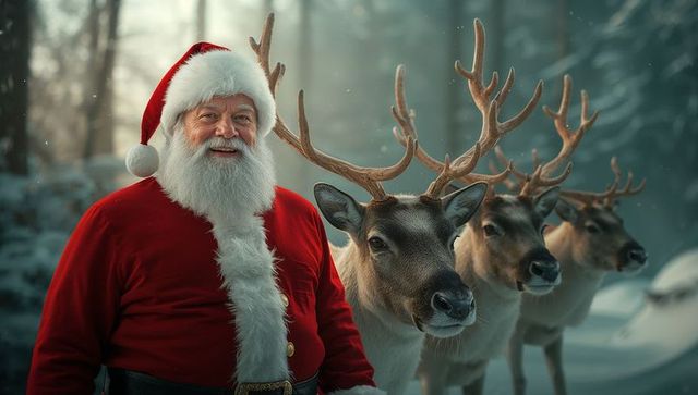 Santa Claus in Snowy Forest with Reindeer Companions