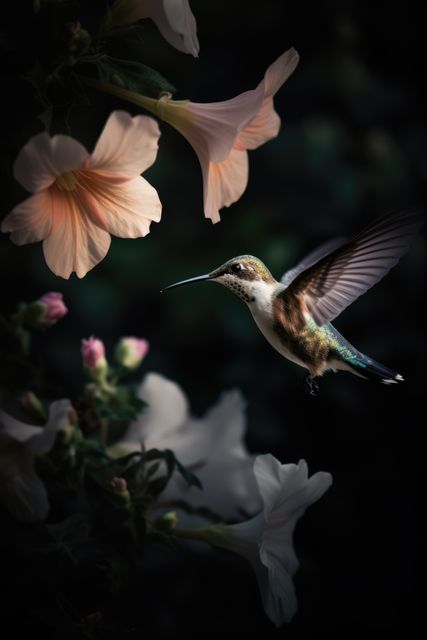 Hummingbird hovering near delicate pastel flowers in a garden setting. Ideal for nature blogs, wildlife magazines, gardening websites, and educational content on birds and flowers.
