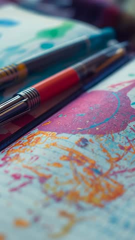 Vertical close-up focusing red pen shifting to reveal green pen over colorful abstract notebook