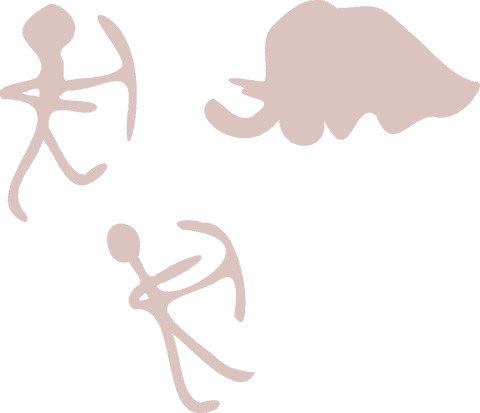 Cave art illustration with hunters and mammoth on transparent background