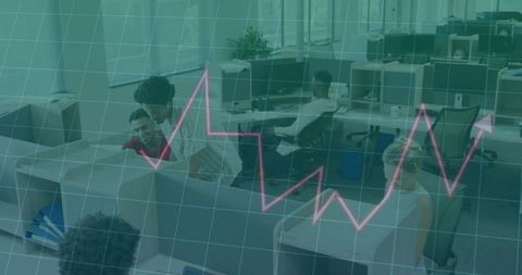 Employees Collaborating in Open Office with Data Graph Overlay