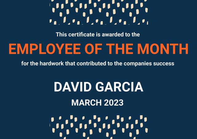 Employee of the month text with name and date in orange and white on blue with abstract elements - Download Free Stock Videos Pikwizard.com