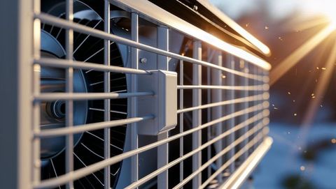 Outdoor air conditioning unit spinning at sunset with sun flare