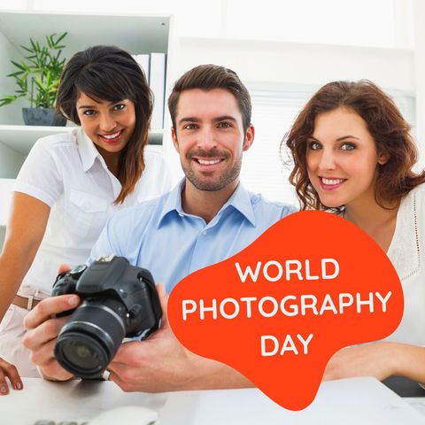 celebrating world photography day with happy colleagues holding camera - Download Free Stock Templates Pikwizard.com