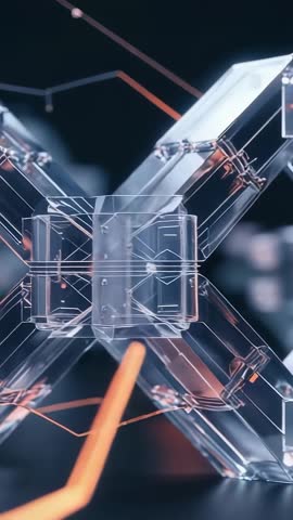 Vertical looping transparent X structure with rising orange beams amid cyber circuit void