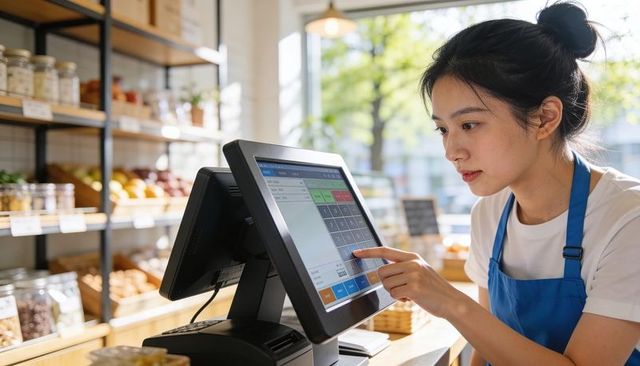 Young cashier tapping touchscreen pos at bakery counter with jars and produce