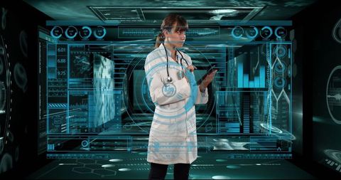 Female Doctor Using Tablet with Holographic Data in Diagnostic Lab