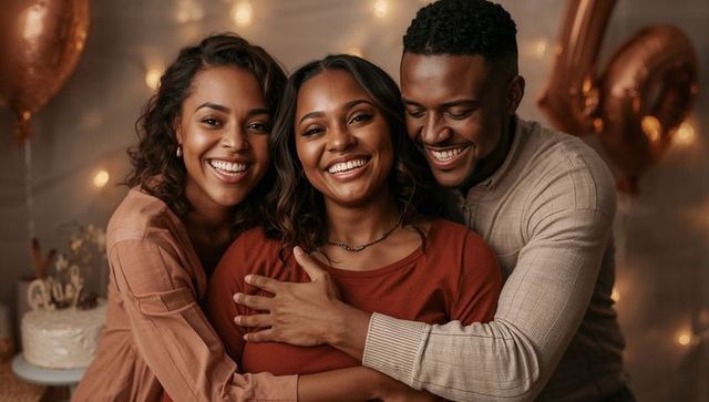 Close-knit friends celebrating birthday, hugging and smiling amid warm lights and balloons