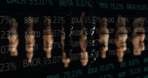 Floating chess piece amid blurred stock tickers