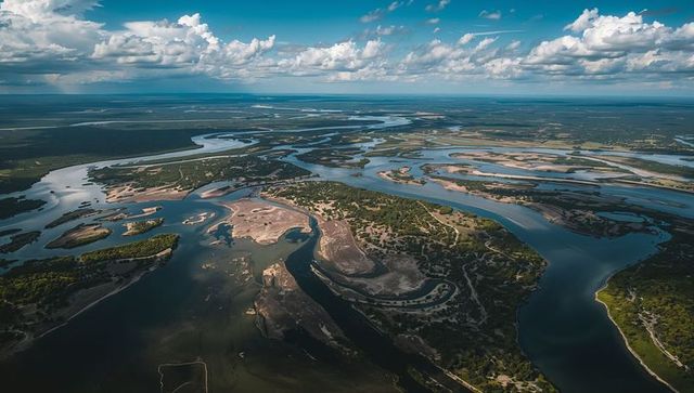 Aerial revealing braided river delta, estuary channels, sandbars and marshlands