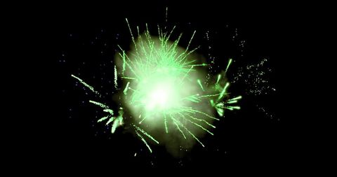 Vibrant green fireworks burst in night sky