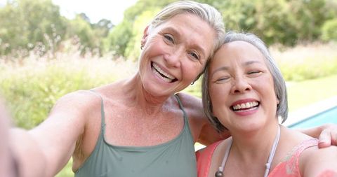 Joyful Mature Women Selfie Embracing Friendship Outdoors - Download Free Stock Images Pikwizard.com