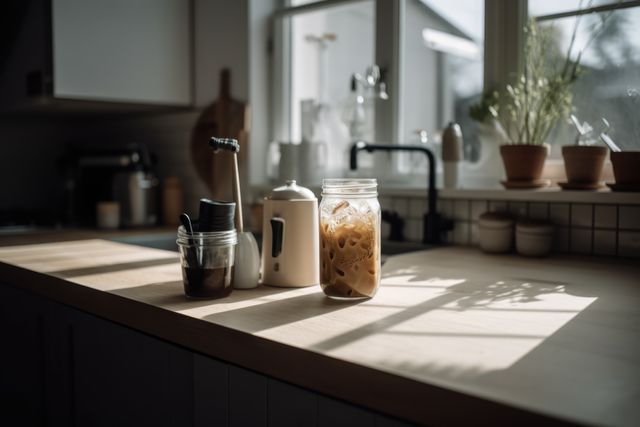 Glass of iced cafe latte on counter in sun, created using generative ai technology. Coffee, summer, cafe, drinks and refreshments concept digitally generated image.