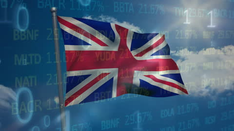 UK Flag with Financial Data Overlay Against Blue Sky