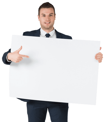 transparent happy businessman in suit pointing at blank signboard - Download Free Stock Videos Pikwizard.com