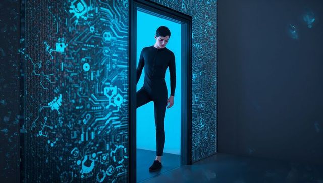 Stepping through neon doorway into cyan data chamber wearing black jumpsuit, cyber tech