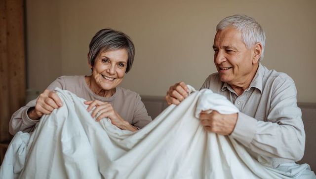 Smiling senior couple sharing cozy moment on sofa pulling soft blanket together at home