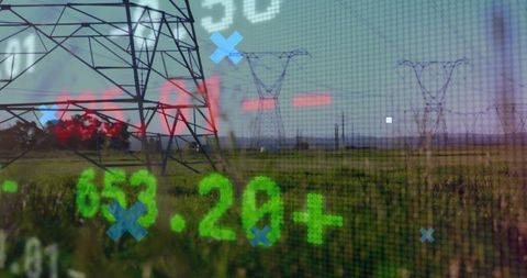 Power transmission tower with digital data overlay on verdant field