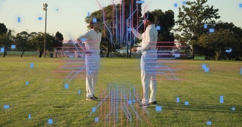 Cricket players signaling with holographic analytics overlay on sunlit grass field