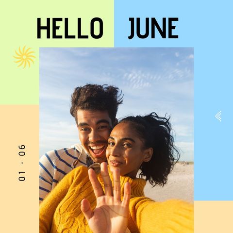 cheerful biracial couple at seaside welcoming june - Download Free Stock Templates Pikwizard.com