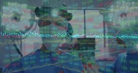 Analysts in vr simulating stock trends in futuristic lab