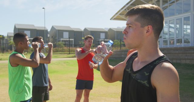 Young athletes staying hydrated after an outdoor workout, drinking water together. Perfect for use in articles about fitness, teamwork, sports training, group exercise, and the importance of hydration during physical activities.