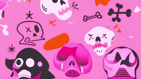 Vibrant Skull Patterns with Abstract Shapes on Pink Background