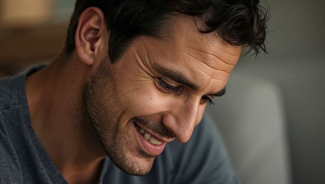 Warm closeup portrait smiling man leaning forward looking downward at home, serene