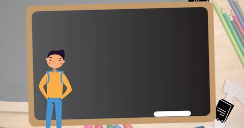 Blank Classroom Blackboard with Illustrated Student and School Supplies