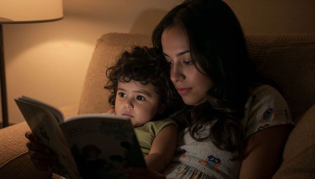 Mother Reading Picture Book to Son on Sofa Under Soft Lamp Glow